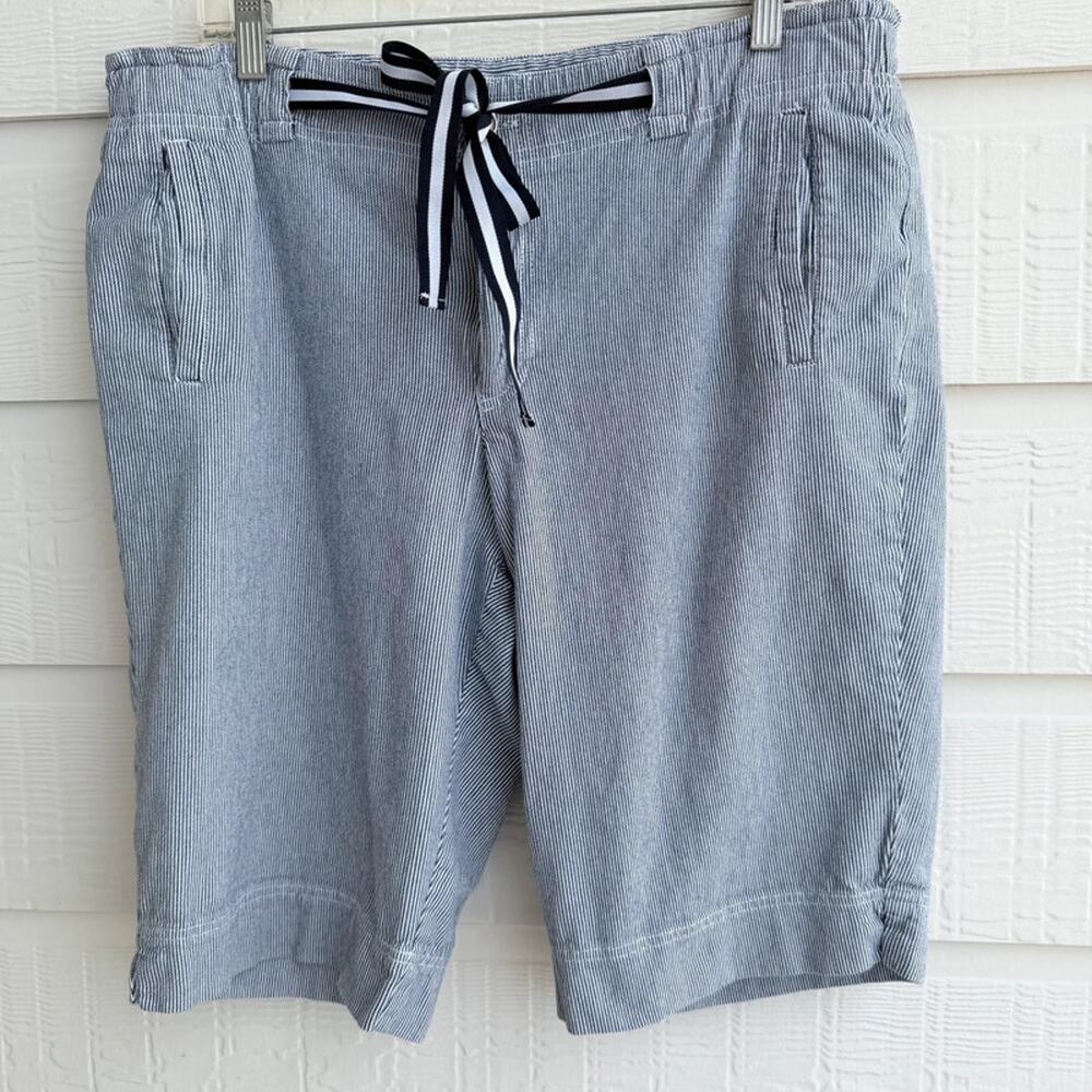 Sag Harbor Ticking Stripe Bermuda Shorts Women 14 Blue White Ribbon Tie Cotton